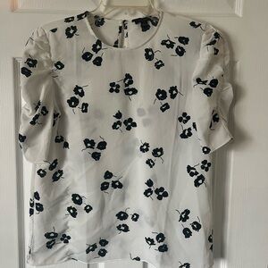 Ann Taylor Floral White Blouse with ruched sleeves